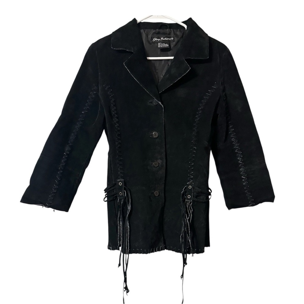 VTG Steampunk Biker Gothic  Black Leather Suede Fringed Women's Blazer